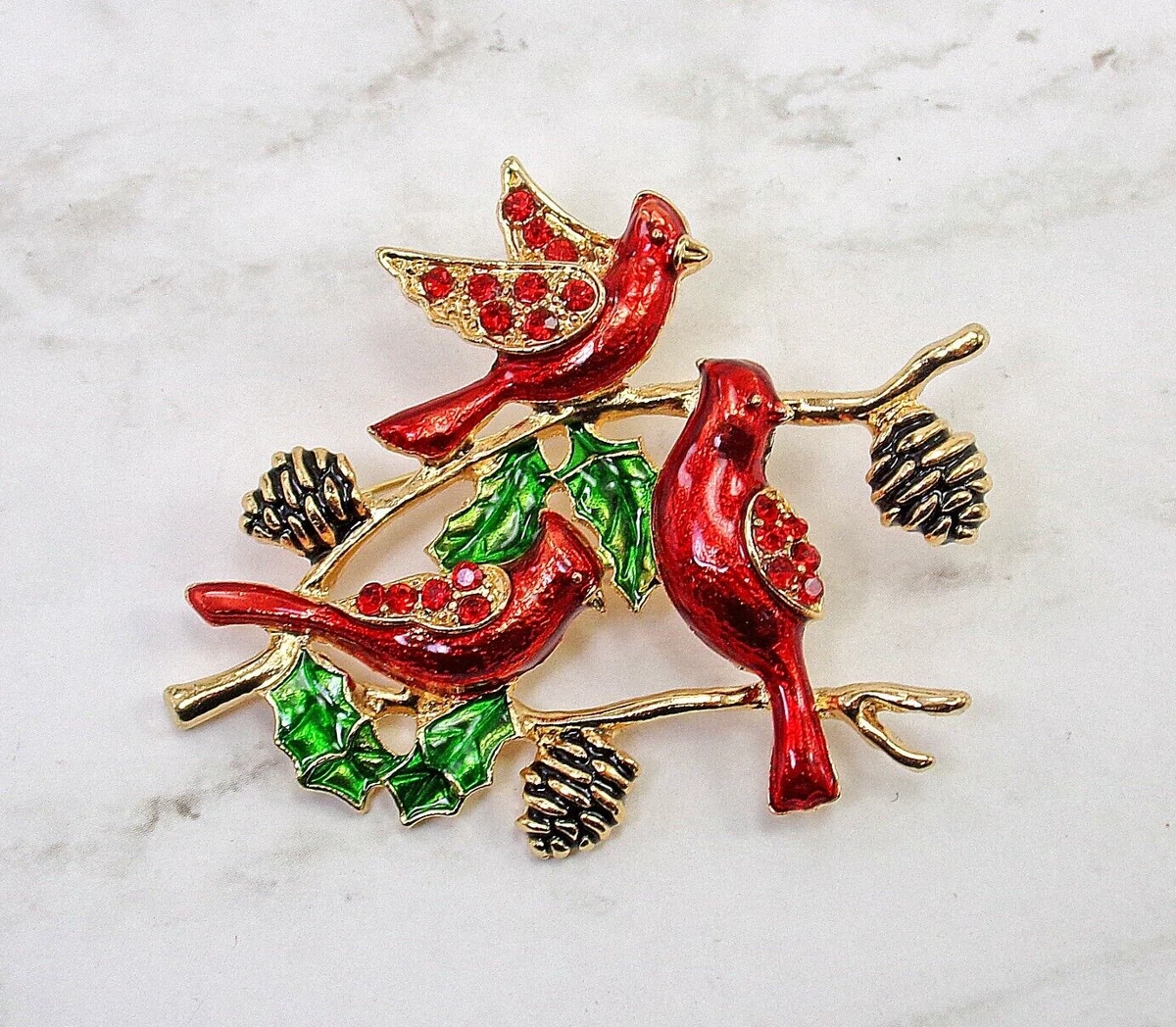 Red cardinal pin brooch with 3 cardinals on tree branches with
