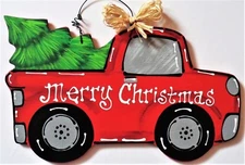 MERRY CHRISTMAS Vintage Style RED TRUCK Tree SIGN Wall Art Door Hanger Plaque