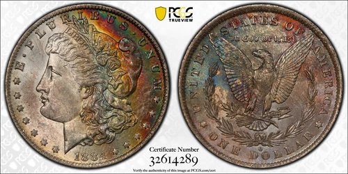 1884-O Morgan Dollar PCGS MS62 True View Gold Shield **RAINBOW TONING**