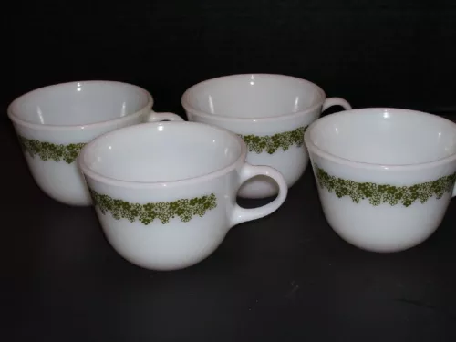 4 Vtg PYREX Milk Glass~Crazy Daisy/Spring Blossom RETRO Flower CUPS Coffee~Tea