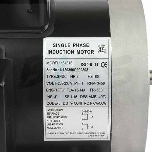 3HP Electric General Purpose Motor Single Phase 3450RPM 56C Frame 208-230V TEFC - Picture 12 of 12