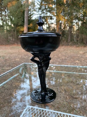 L. E. Smith Black Glass Nude Draped Lady Carrie Pedestal Compote Powder Jar Deco