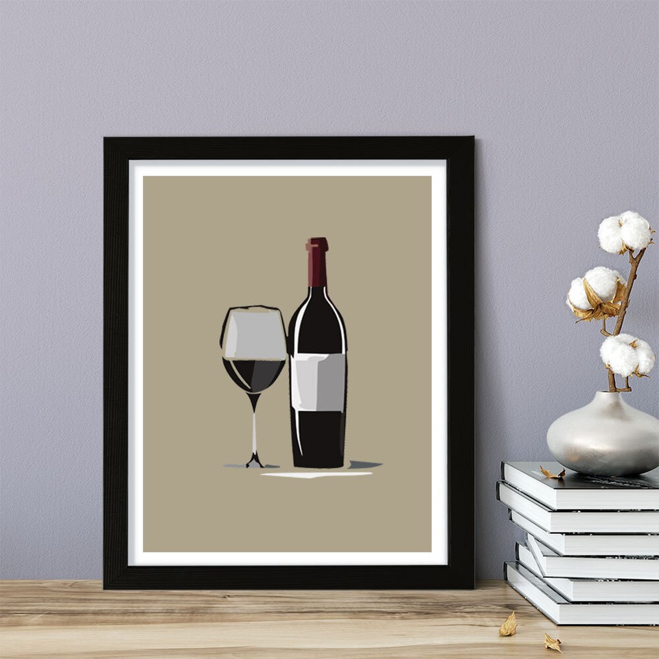 Designs ByLITA Wine bottle & Glass, Wall Print Art (Unframed or Framed
