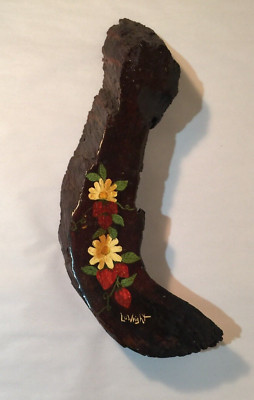 Vintage Hand Painted Live Edge Wood Plaque By Lu Wright SIGNED!