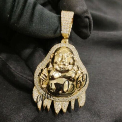 2.75 ct Moissanite Men's Laughing Buddha Pendant 14k Yellow Gold Plated Silver