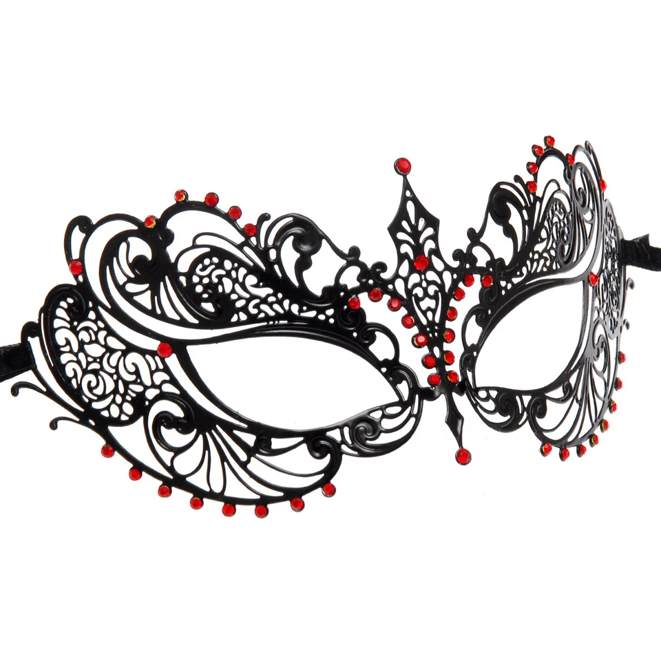 Black Light Metal Filigree Venetian Masquerade Mask for Women (Red Gems) - Image 3 of 3