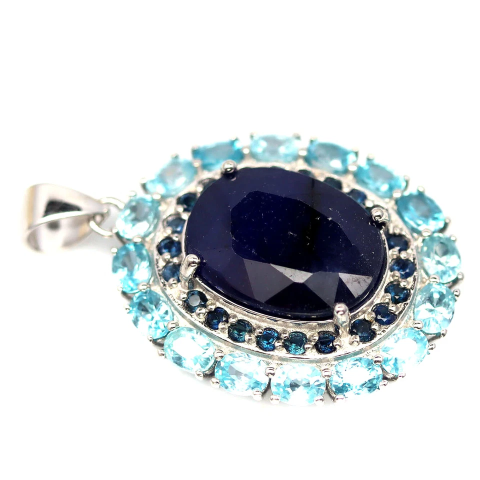 Edelstein Heizbar 11 x 14 Mm. Blauer Saphir & Zirkon Anhänger 925 Sterlingsilber - Bild 2 von 4