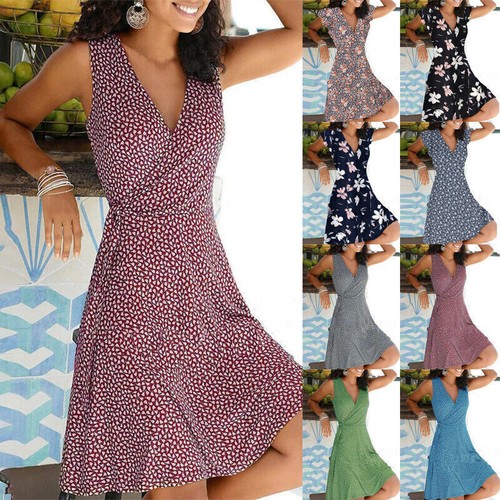 Womens Floral Wrap V Neck Midi Summer Dress Ladies Holiday Beach