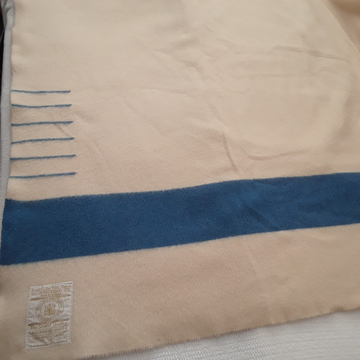 Hudson's Bay 6 Point Blanket Beige Blue Stripe Wool Gold Label