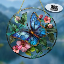 2D Flat Vibrant Blue Butterfly  Pink Flower Sun Catcher Acrylic Window Wall Art