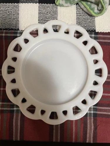 Pair Of Hazel Atlas Open Lace Edge Salad Plate 8.25" Vintage Milk Glass White