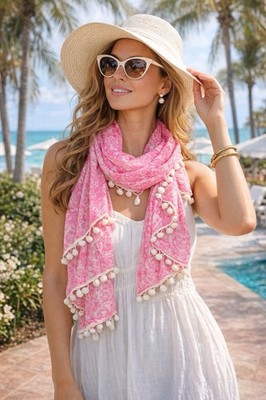 Lilly Pulitzer Target Scarf Pink Floral See Ya Later Pom Poms Alligator Shells