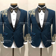 Gold Embroidery Men's Suit Wedding Prom Outfits Designed Jacket Shawl Lapel 2Pcs
