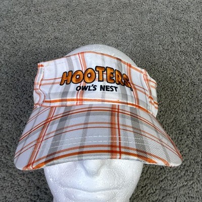 Hooters Visor Strap Back Mens One Size White Orange Plaid Owl s Nest Adjustable