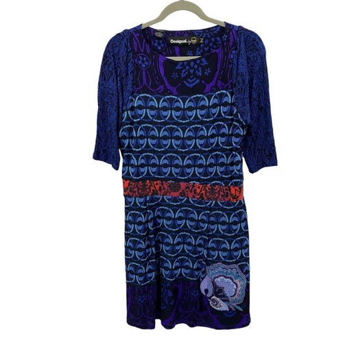 Desigual Dress Women Size XL Blue Geometric Embroidered Floral Boat Neck Lined