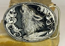 Vintage Siskiyou Wolf Howling Feather Design 1995 Pewter Belt Buckle