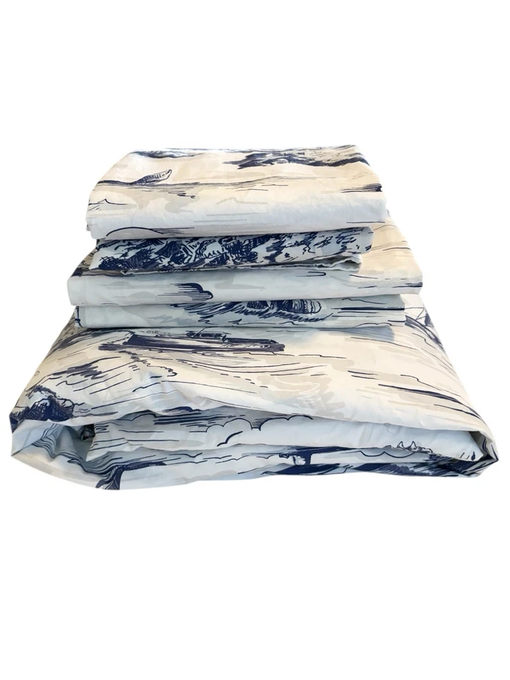 RARE 5PC Pottery Barn Sailboat Toile King/Cal King Duvet Cover Set. White/ Blue - Image 2 of 4