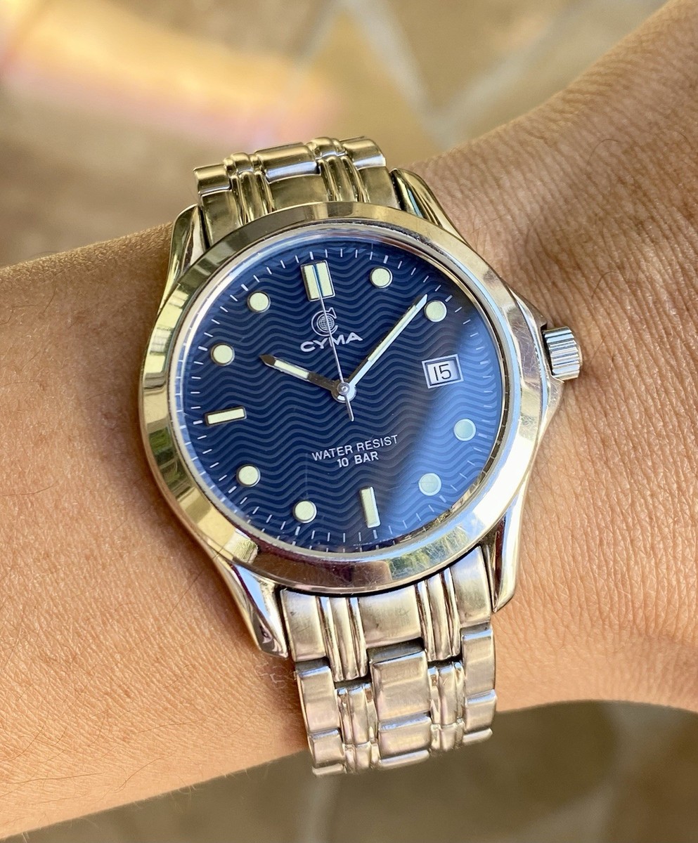 Cyma Swiss Quartz Watch 37mm All Stainless Steel Blue Wave Dial 