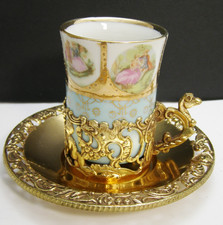 Vintage 1940s Arnart Demitasse Caged Cup and Saucer Courting Scenes Gold Gilding