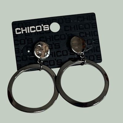 Chicos Gunmetal Grey Hammered Hoop Drop Earrings Hypoallergenic New