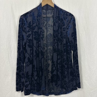 Oleg Cassini Blue Burnout Velvet Floral Open Cardigan Womens S? Whimsy Romantic