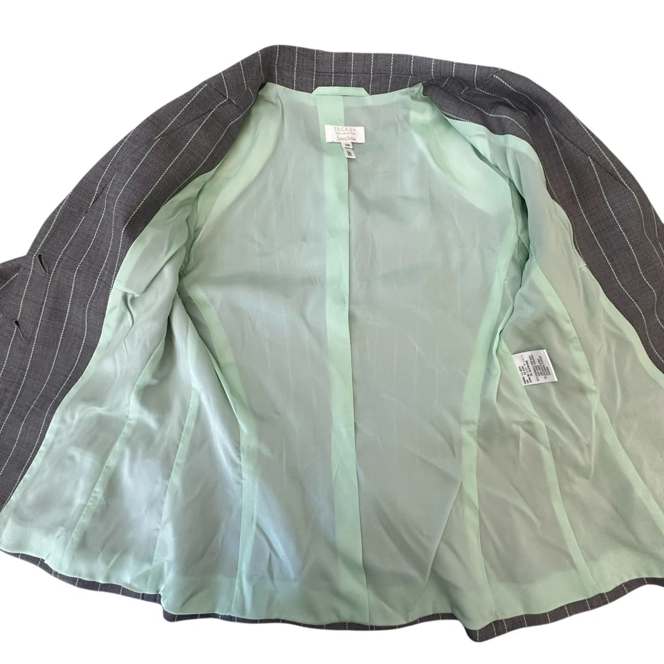 Traje Escada 2 Piezas Blazer Pantalones Para Mujer 36 EE. UU. 6 Rayas Gris Verde Mezcla Lana Foto 3 de 4