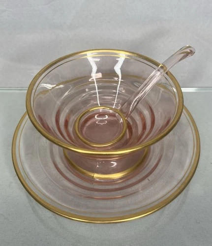 Vintage Pink Depression Glass Mayonnaise Set Bowl,Underplate,Spoon-gold Tilted
