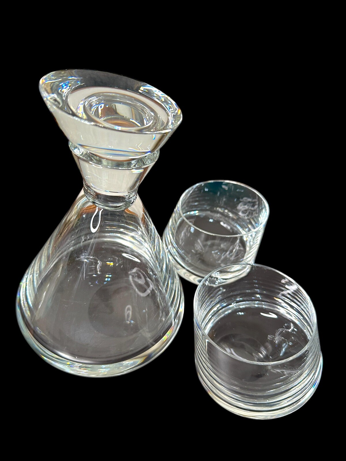 Vintage 70s Zanzibar Crystal Decanter, 2 Whiskey Glasses Bar Set