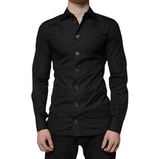 DOLCE & GABBANA Shirt Black Cotton Formal Long Sleeves Dress 37/US14.5/XS 420usd