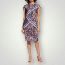 Vince Camuto Dress Womens 8 Geometric Cap Sleeves Round Neck Knee Length Vent
