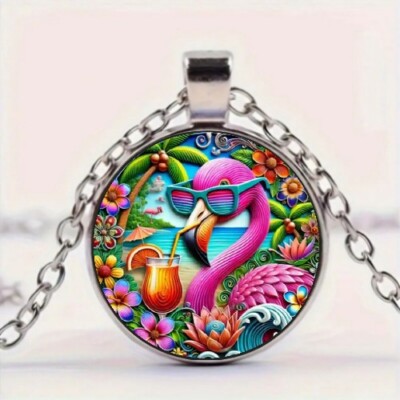 Vibrant Style Flamingo Round Glass Pendant Necklace