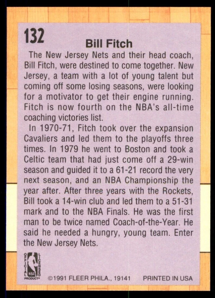 1991-92 Fleer Bill Fitch Basketball Cards #132 - Image 2 of 2