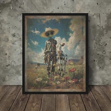 ALIEN COW ABDUCTION Wall Art, Retro Sci-fi Western Decor, Farm Cattle UFO Poster