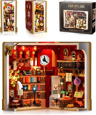 INSOON Magic Book Nook Building Kit Set with LED 3.6mm Miniature DIY Bookend Toy