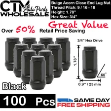 100 PC 1.78" TALL BLACK 9/16-18 BULGE ACORN LUG NUTS CLOSE END WHOLESALE SAVING