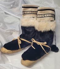 Vintage Native American Mukluks With  Fur, Leather, Wool Melton Black/Cream