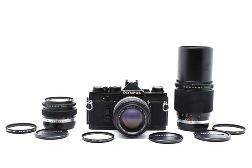 3 Lens 【NEAR MINT】 OLYMPUS OM-1 Black 35mm SLR 50mm F1.4 28mm 200mm From JAPAN