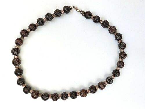 Handcrafted carved etched brown stone 15.5" choker necklace copper spacers - Foto 1 di 6