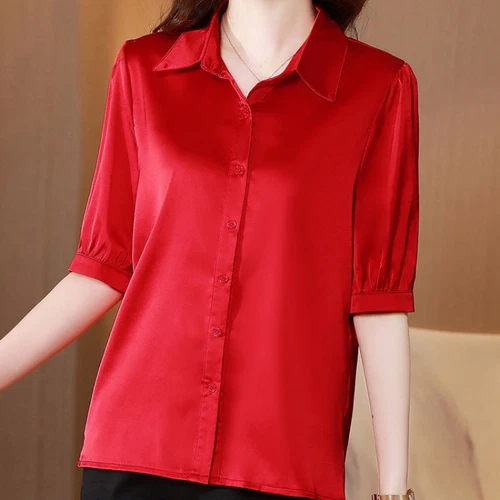 Camisa Blusa Top Oficina Dama Satén Imitación Seda Camisa Manga Corta Abotonada - Imagen 11 de 22