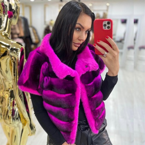 Women Real Rex Rabbit Fur Coat Waistcoat Natural Mink Fur Collar Jackets Vests - Picture 2 of 13