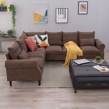 Universal Corner Sofa, 6 Seater Sectional Fabric Couch, Side Pockets  Wood Legs