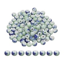 100Pcs 6mm Round Ceramic Porcelain Beads, Green Blue Spotted