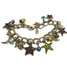 KIRKS FOLLY Charm Bracelet Stardust Brass Gold tone Crystal Star Multicolored