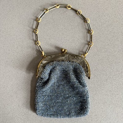 Antike edwardianische blaue Glasperlen Geldbörse Messing Kiss-Lock Rahmen Zelluloid Kette