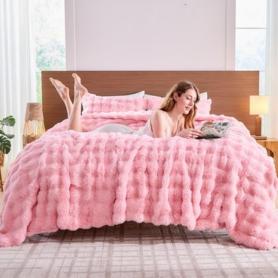 Lotus Karen Fluffy King Size Comforter Cover Set - Rabbit Fluff Faux Fur Duvet