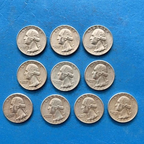 Lot of 10 Silver Washington Quarters 1964