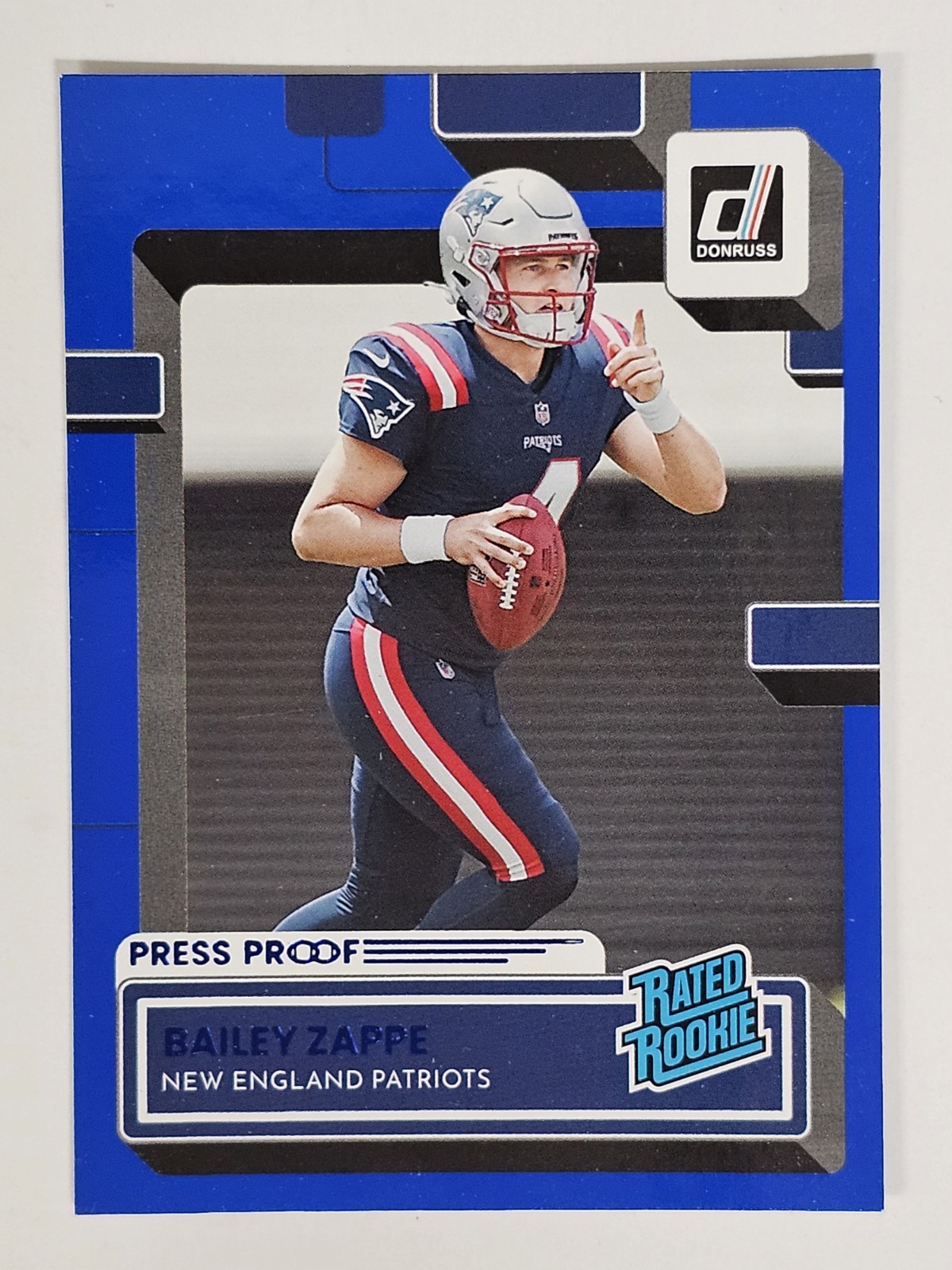 2022 Donruss #329 Bailey Zappe Patriots Press Proof Blue Rated Rookie