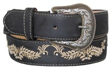 Western Belt Cowboy Leather Embroidered Studded Removable Buckle Black