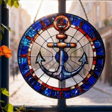 Nautical anchor stained glass suncatcher, coastal window hanging decor