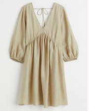 New H&M Beige V-Neck Knee Length Dress S Balloon Sleeves Party Boho Cream Green